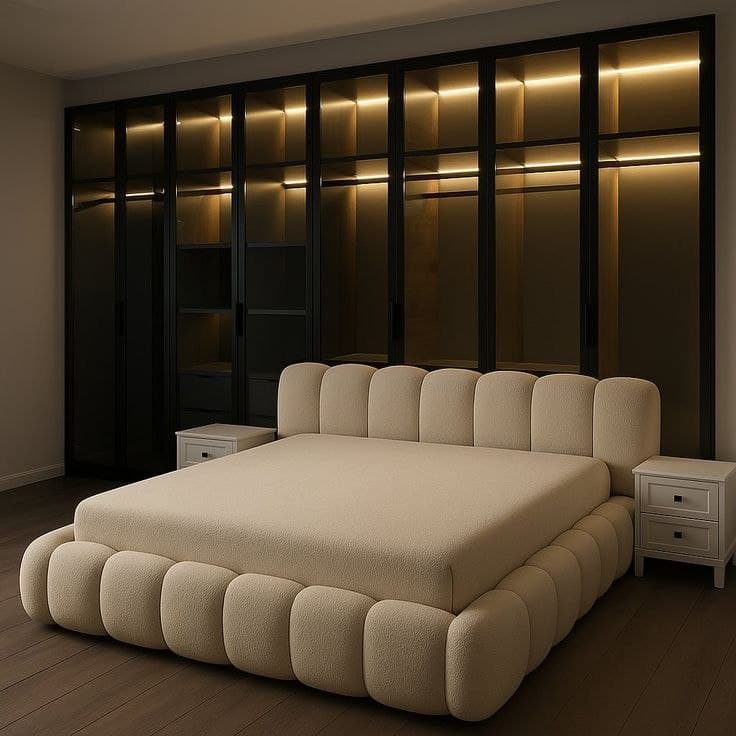 Bouclé arch bed with backlit glass wardrobe