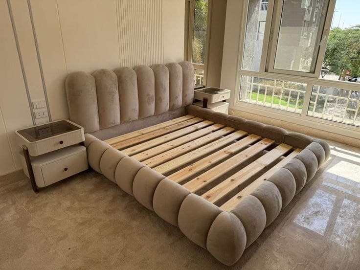 Channel-tufted upholstered bed frame with slat base