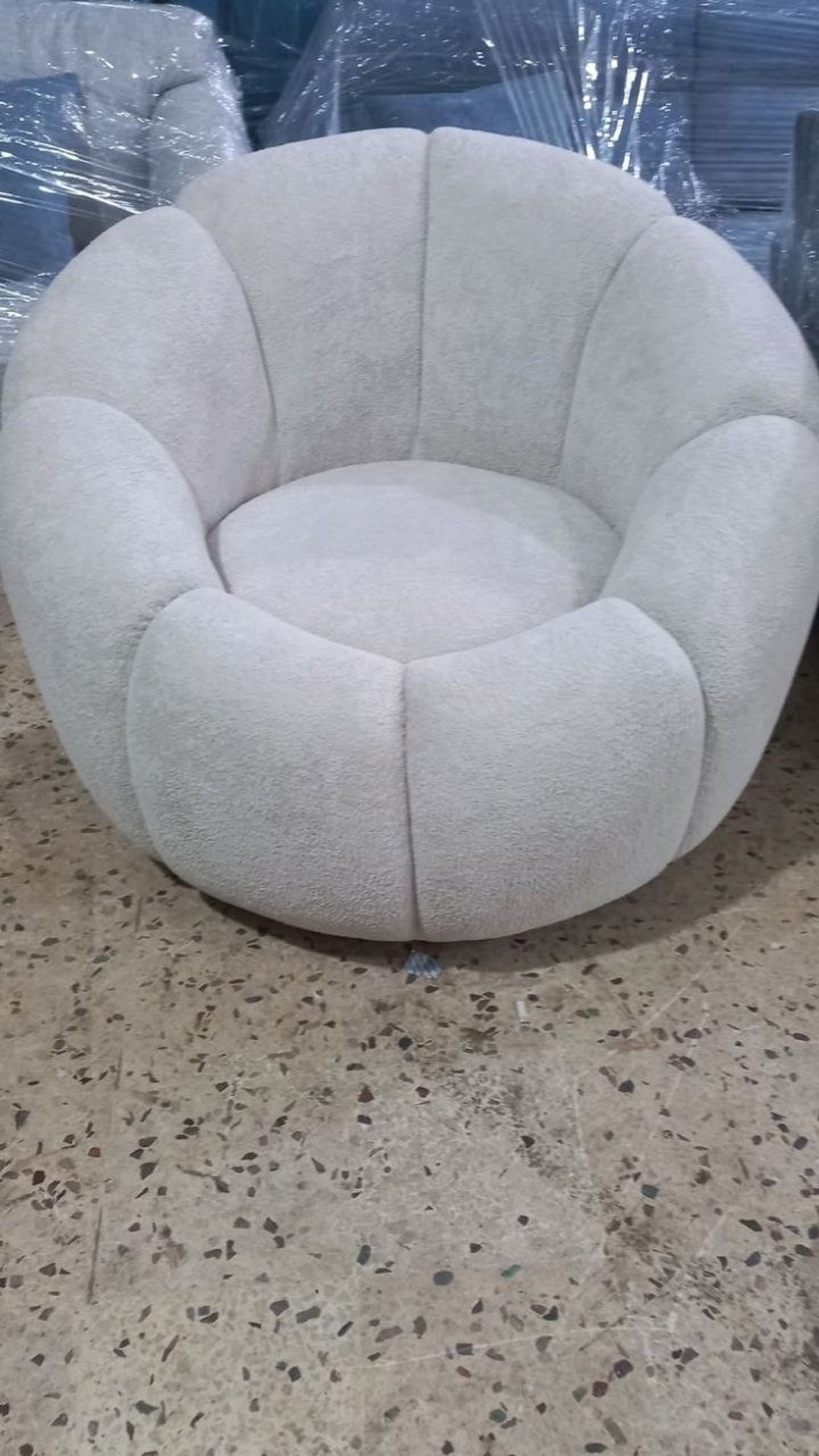 Bouclé bed with rounded headboard
