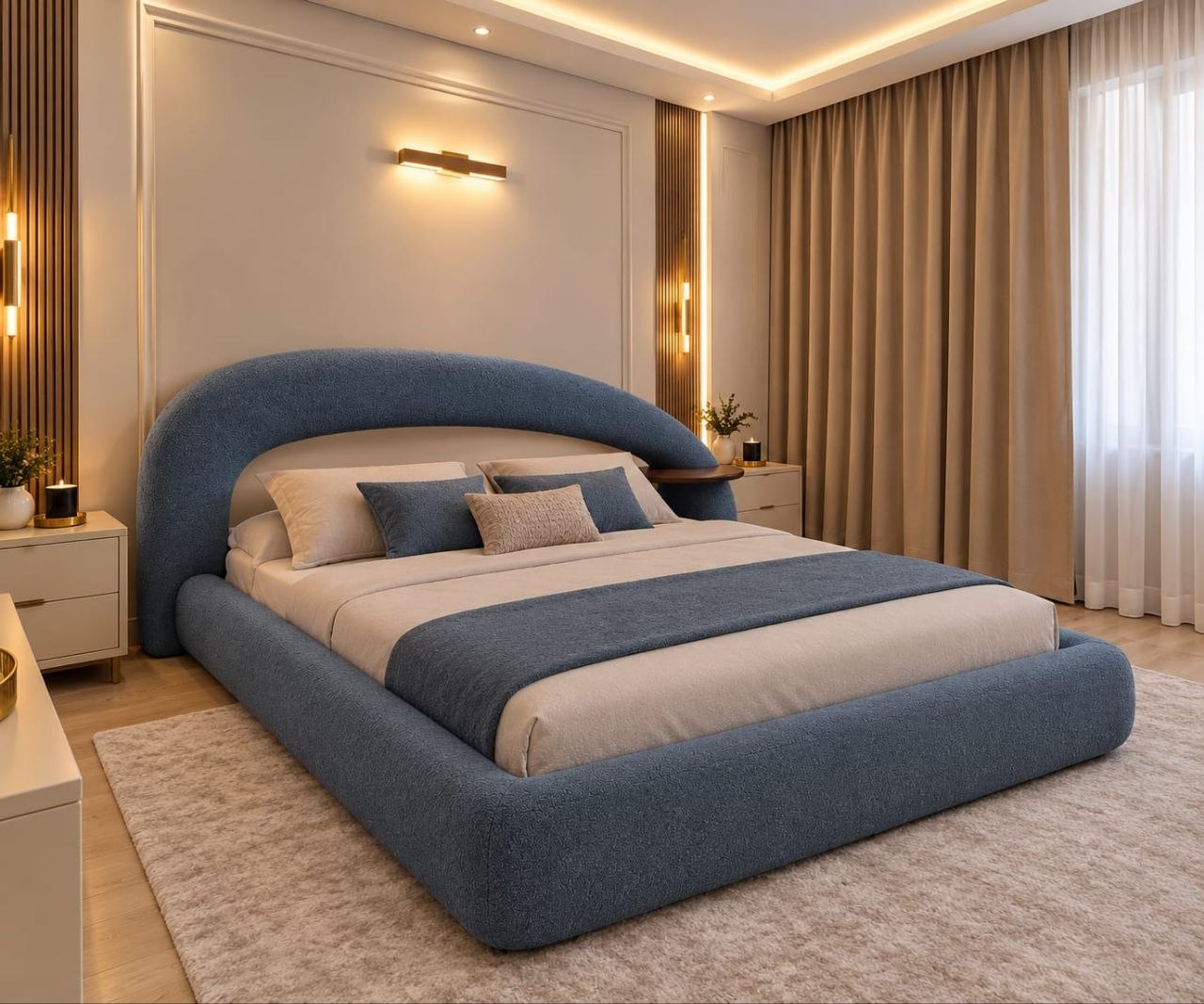 Tapisserie Berradi — finished upholstered bedroom with bouclé arch bed